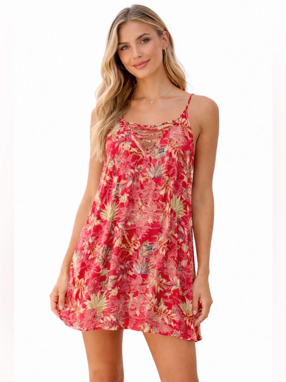Roxy Floral Mini Dress XS Boho Beach Cover Up A-Line Trapeze Red Floral